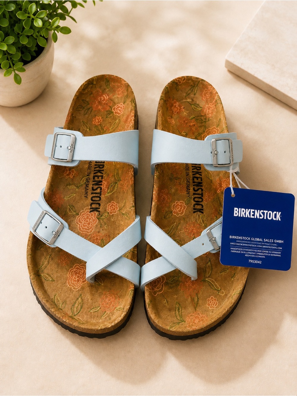 Birkenstock teal  Strappy Floral Footbed Sandals
